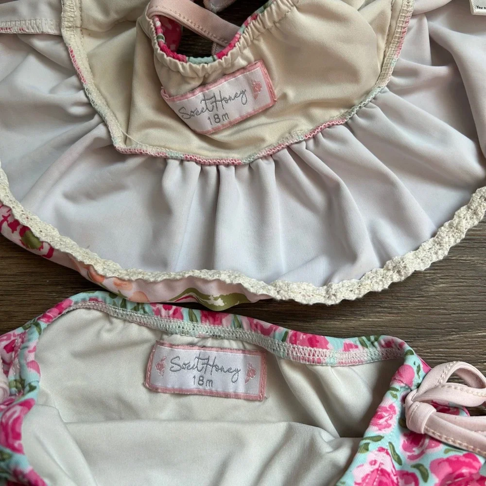 SweetHoney Girls Pink Rose Floral Ruffle Tankini Two Piece Swimsuit Set 18mo